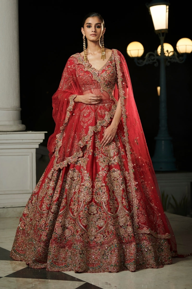 "Aubre" Crimson Raw Silk Bridal Lehenga Set