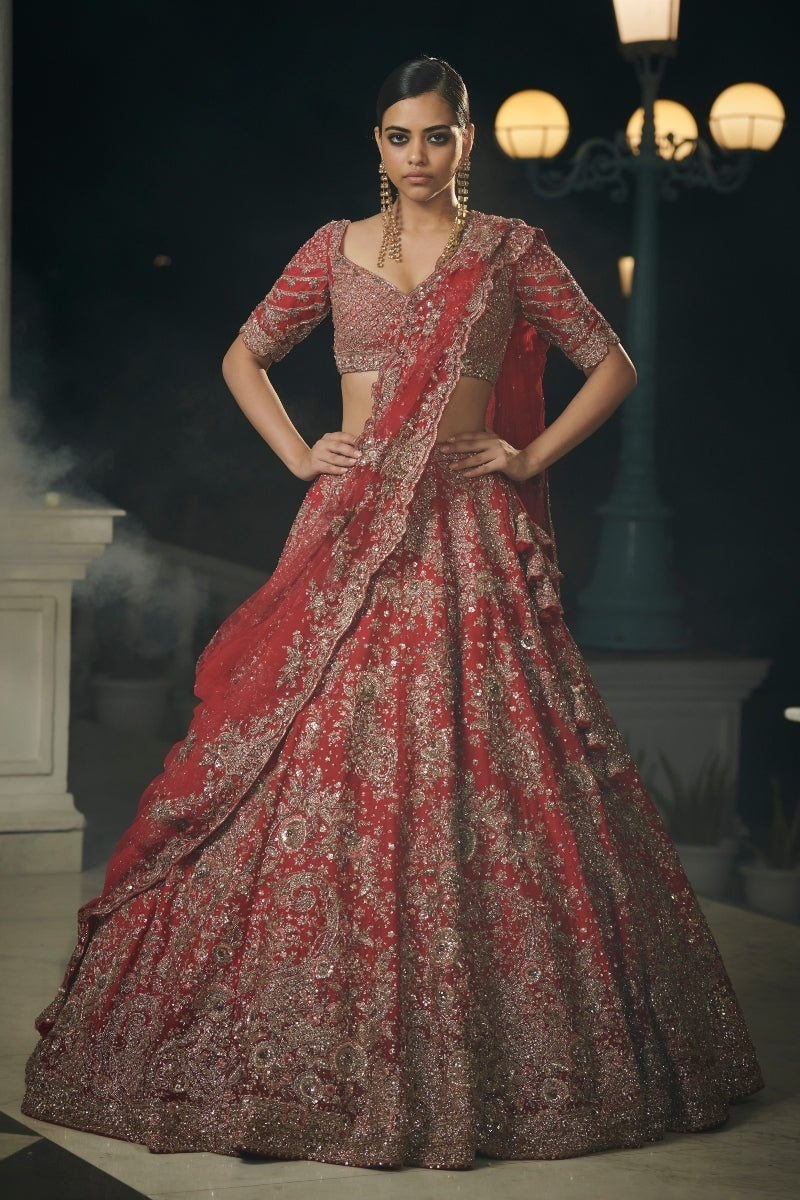 "aaliyah" burgundy and brick red ombre raw silk bridal lehenga set