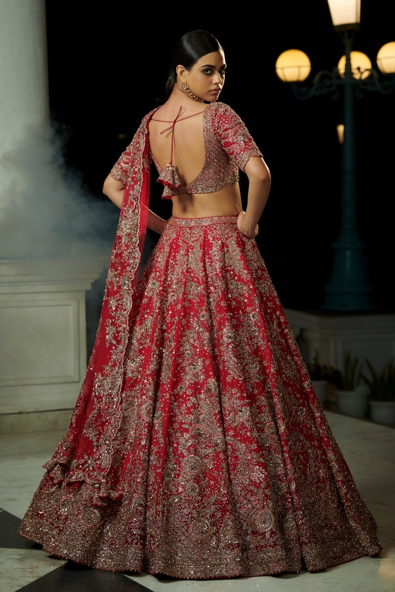 "aaliyah" burgundy and brick red ombre raw silk bridal lehenga set