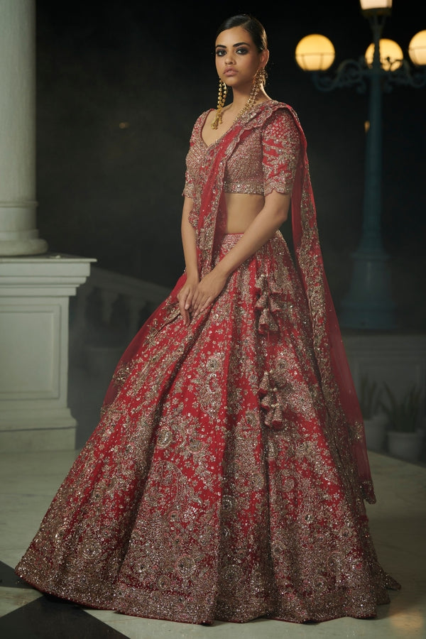 "aaliyah" burgundy and brick red ombre raw silk bridal lehenga set