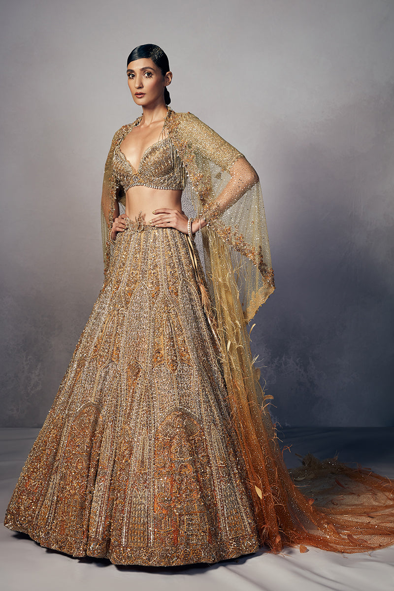 “ Emma “ Shimmer Tulle Bridal Lehenga & Cape Set