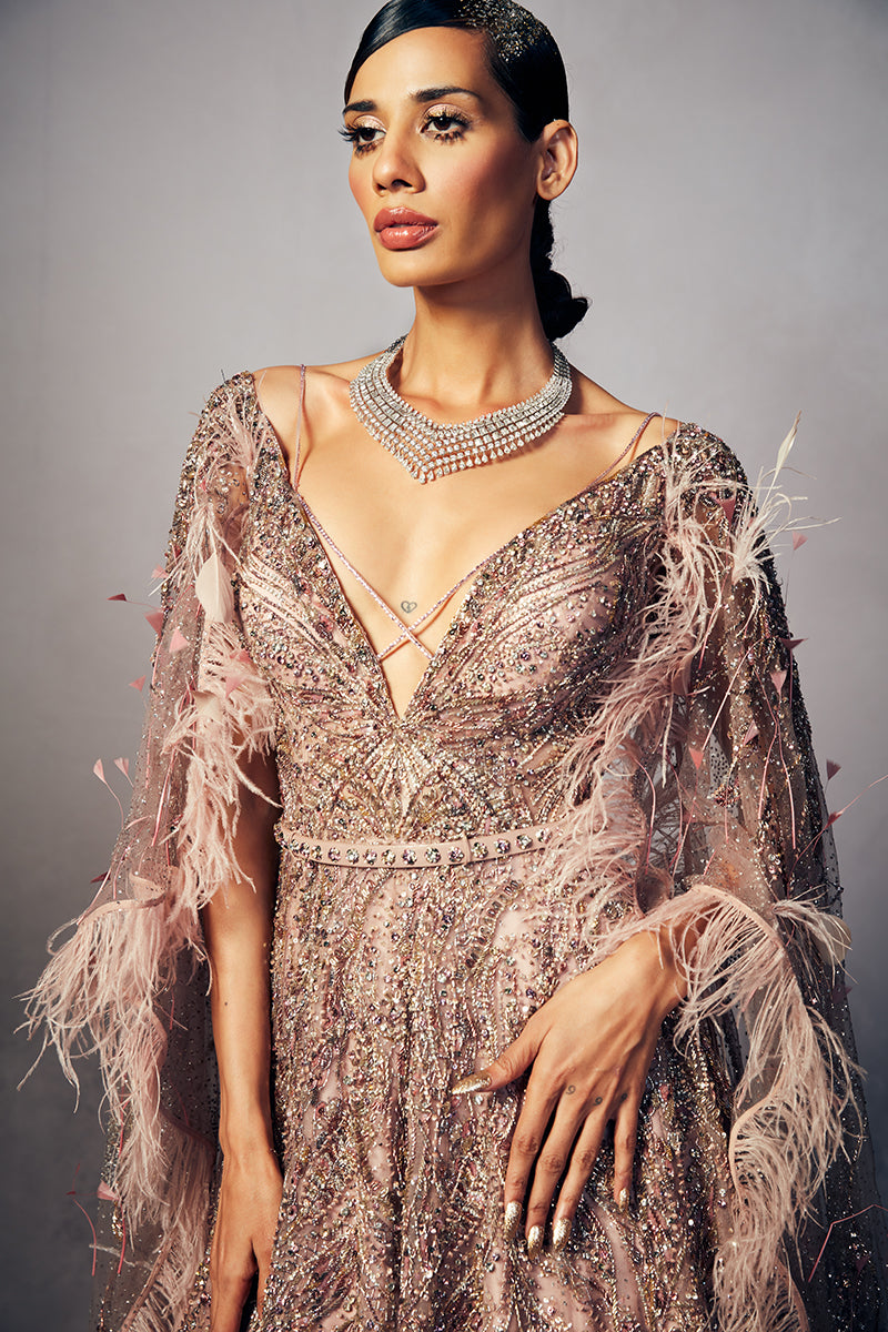 “ Bessie “ Shimmer Tulle Floor Length Bridal Gown With Cape Sleeves