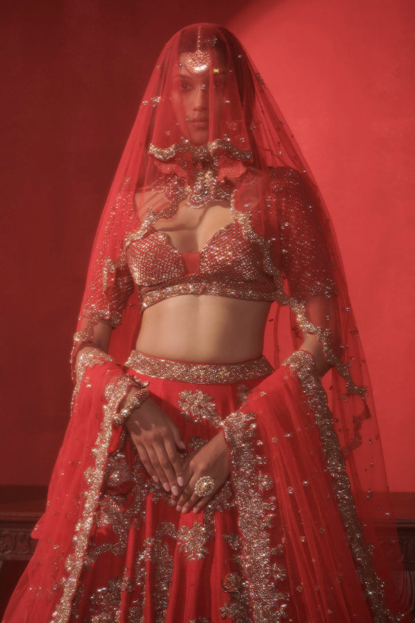 “ Zoe “ Crimson Red Small Floral Jaal Bridal Lehenga Set