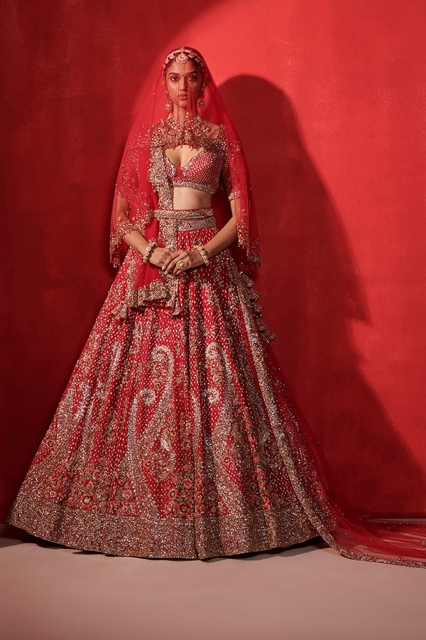 “ Maya “ Carmine Red Paisley Bridal Lehenga Set