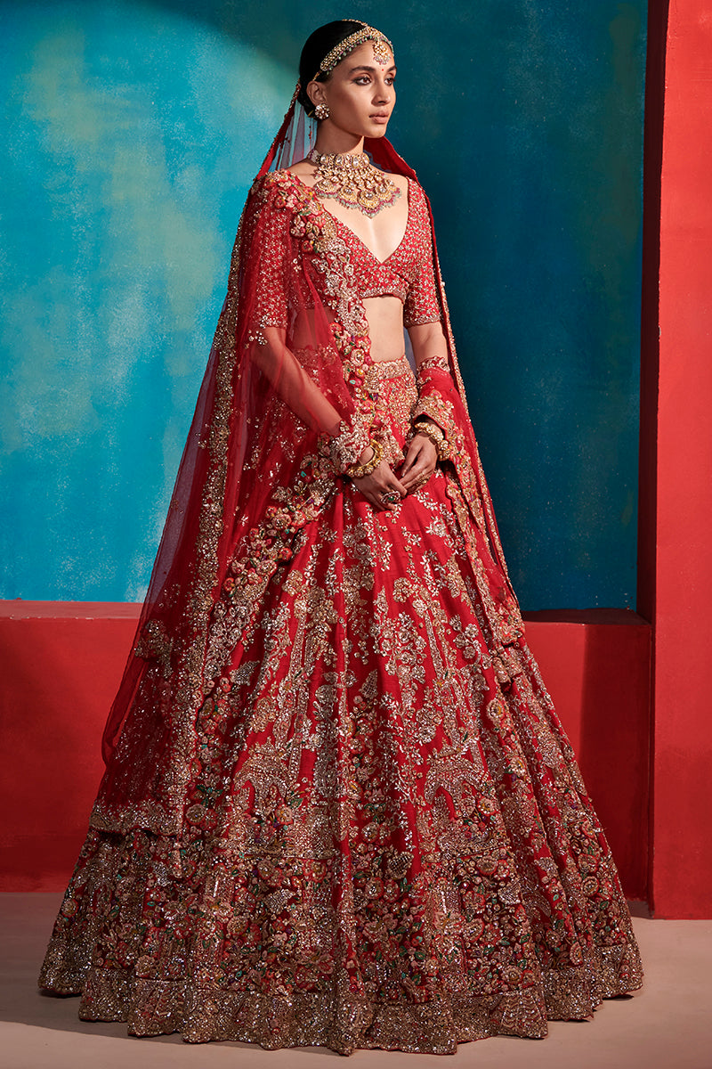 “ Etta “ Carmine Red Floral Garden Bridal Lehenga Set