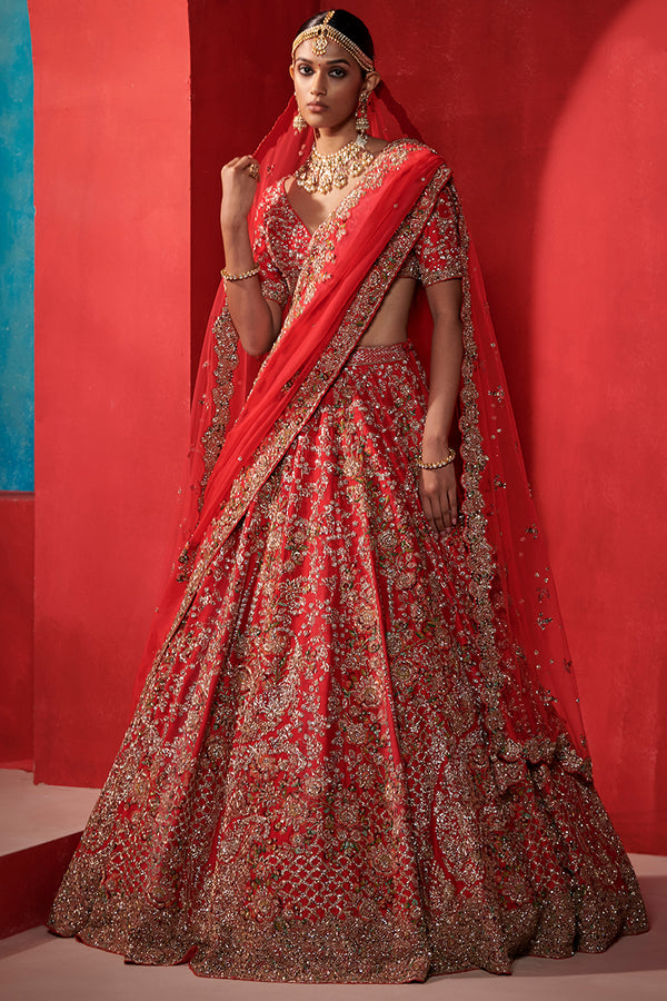 "Raya“ Crimson Red Floral Tendril Bridal Lehenga Set