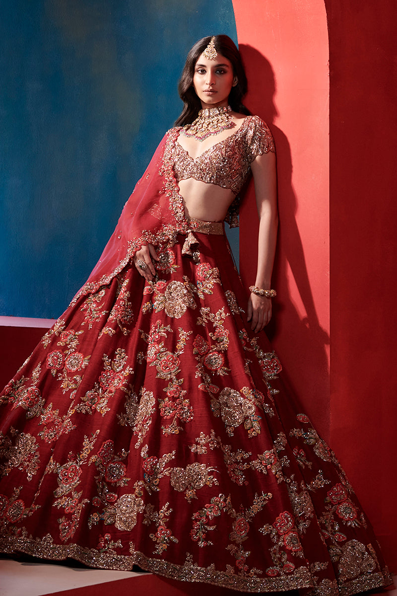 “ Leia “ Burgundy Big Floral Jaal Bridal Lehenga Set