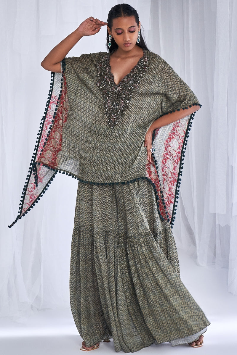 "Dew Drop" Printed Chiffon Kaftan And Sharara Set