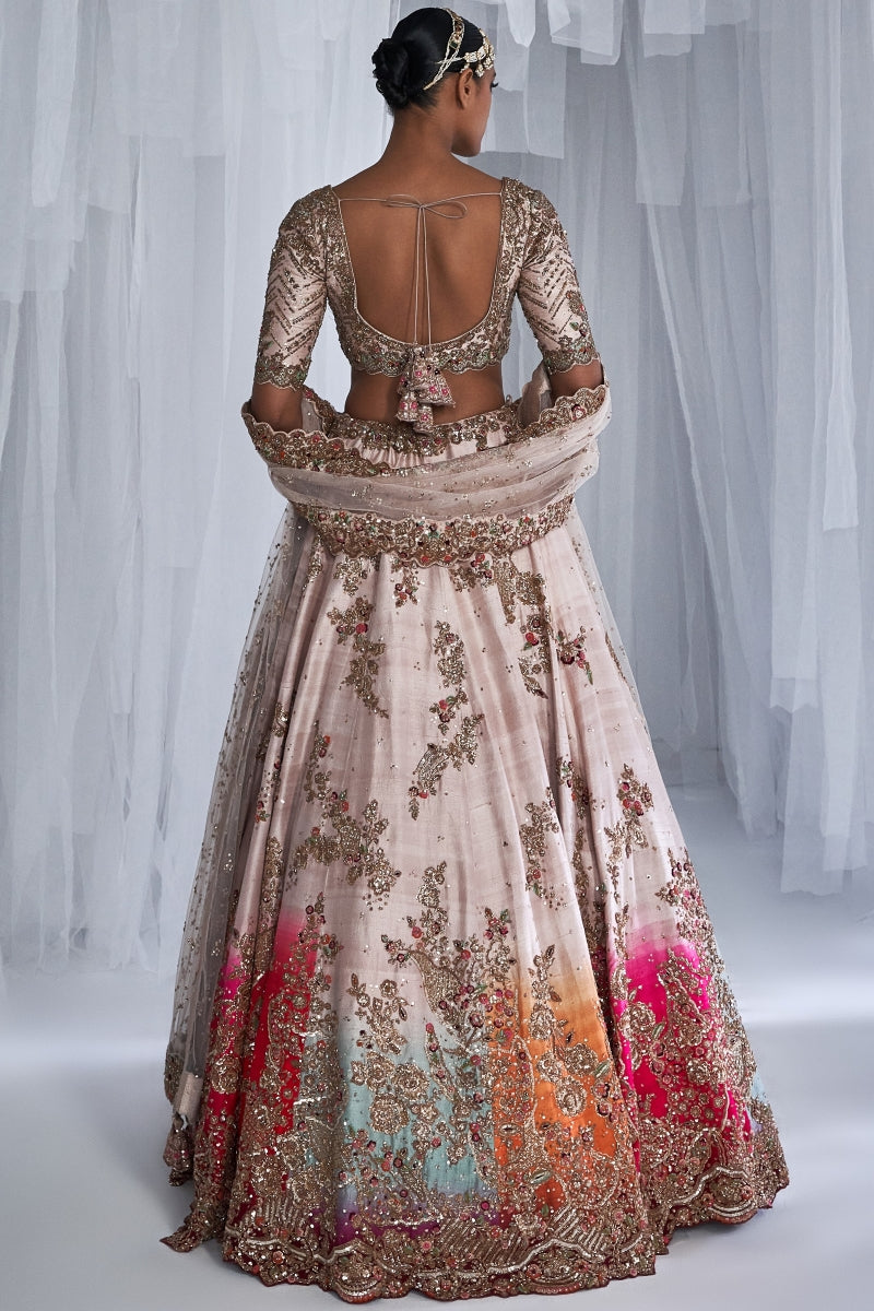 "Jasmine" Beige Ombre Raw Silk Bridal Lehenga Set