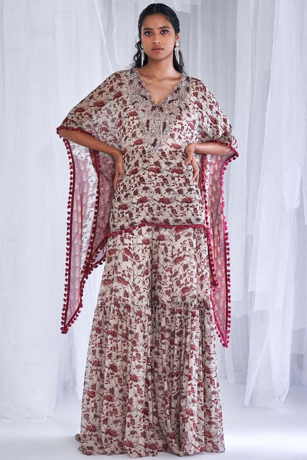"Leela" Printed Chiffon Short Kaftan With Sharara