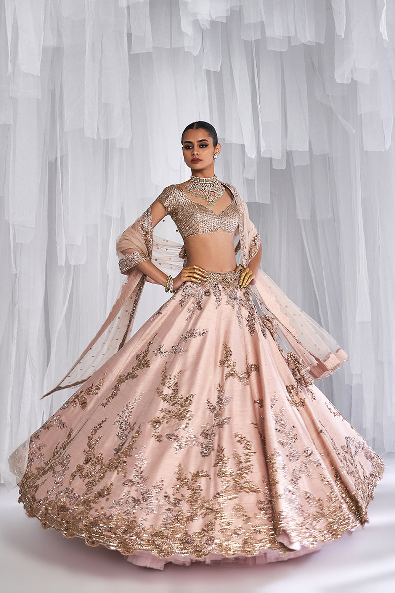 "Posey" Peach Raw Silk Bridal Lehenga Set