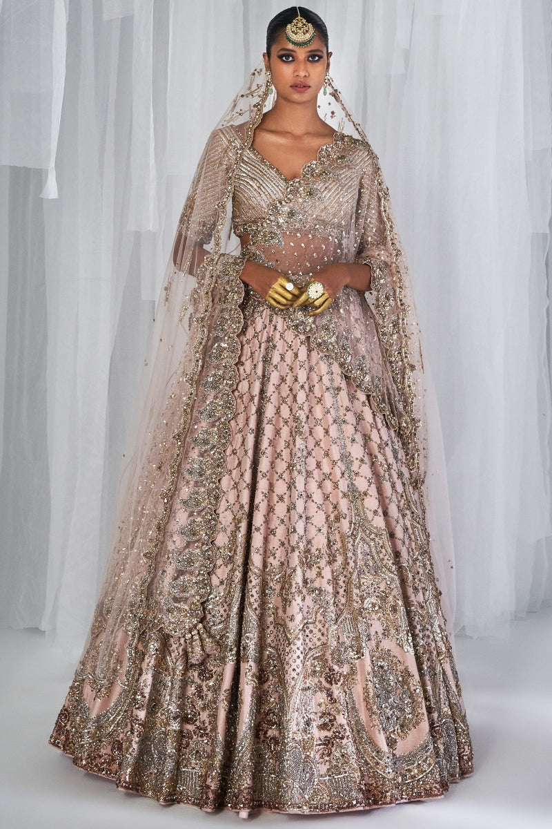 "Magnolia" Pale Peach Raw Silk Bridal Lehenga Set