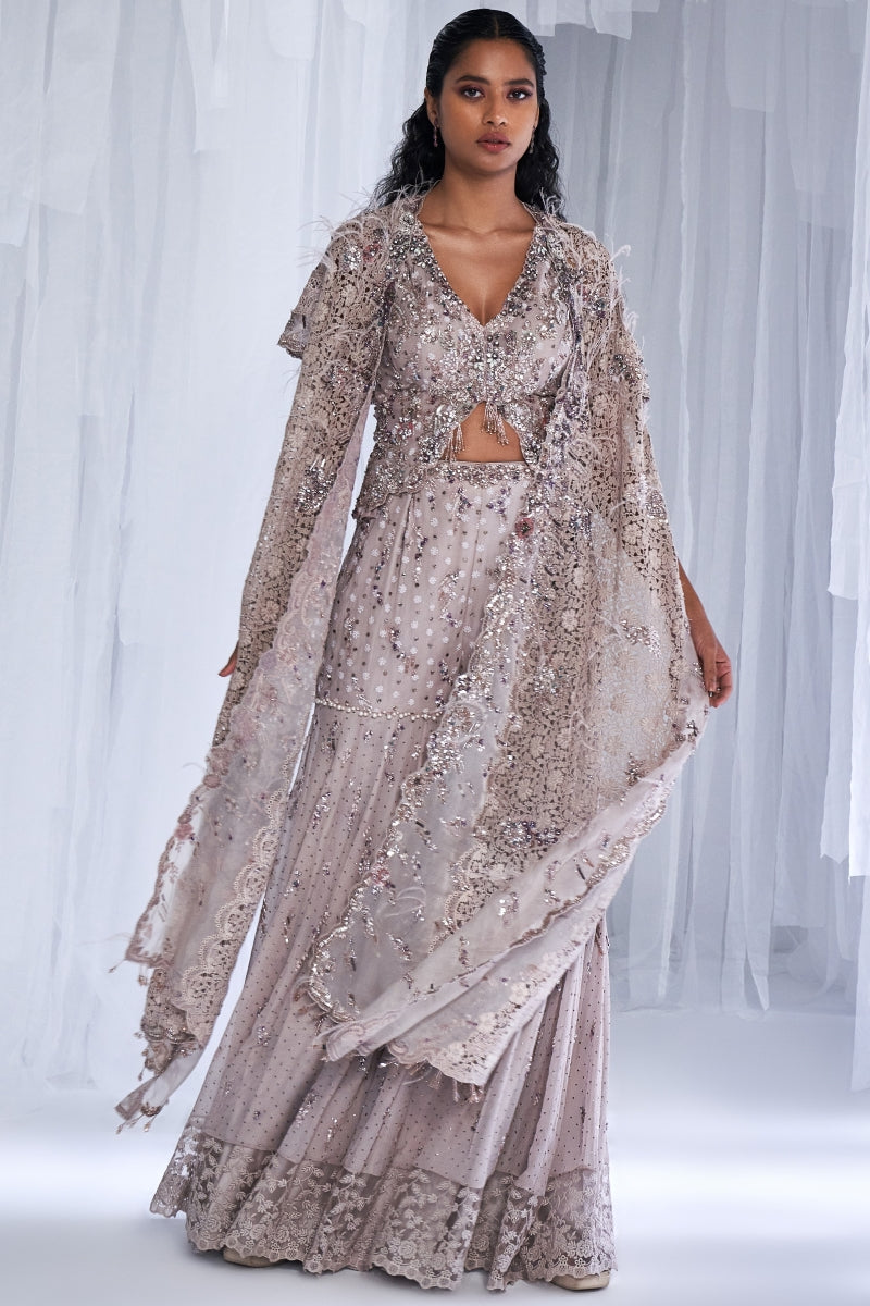 "Ice Foam" Chiffon Sharara With Cape And Waist Coat