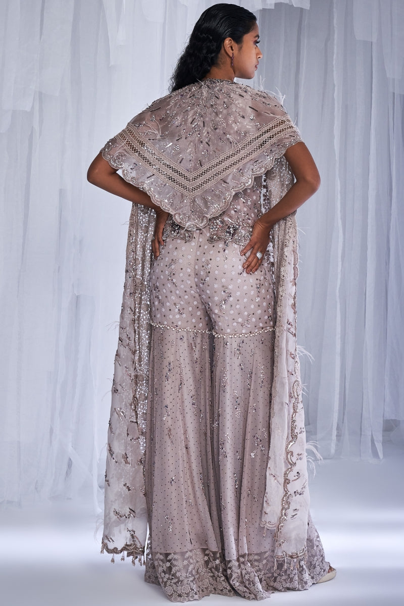 "Ice Foam" Chiffon Sharara With Cape And Waist Coat