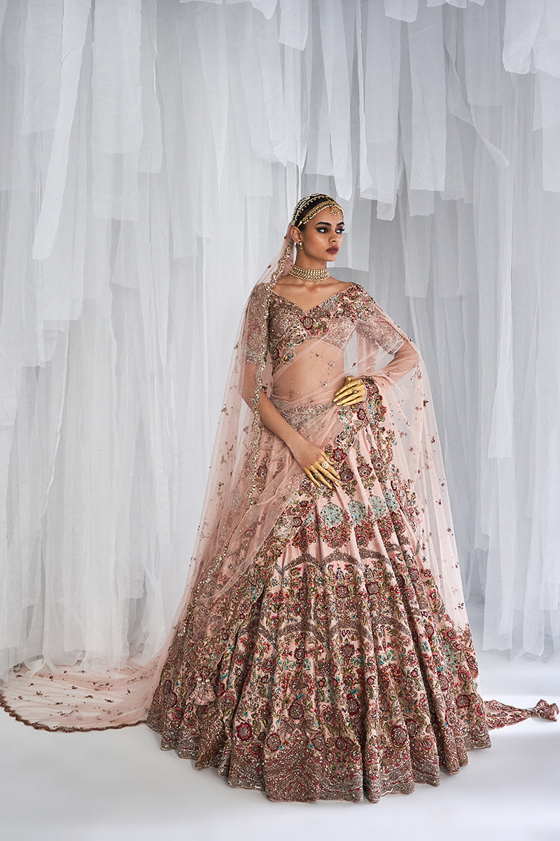 "Primrose" Champagne Pink Raw Silk Bridal Lehenga Set