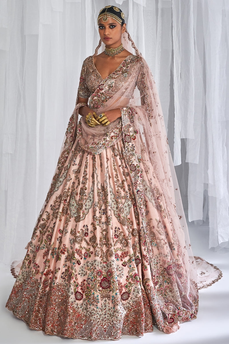 "Lillian" Champagne Pink Raw Silk Bridal Lehenga Set