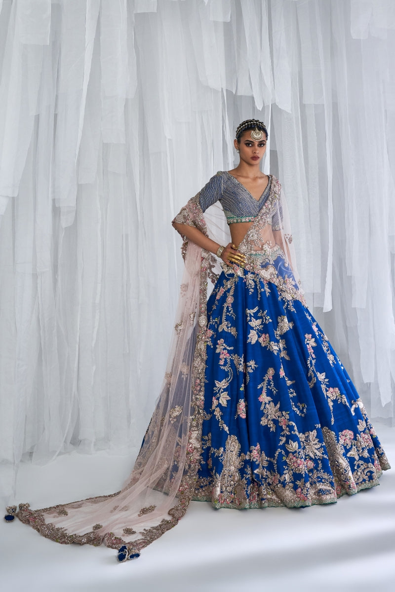 "Daffodil" Blue Raw Silk Bridal Lehenga Set