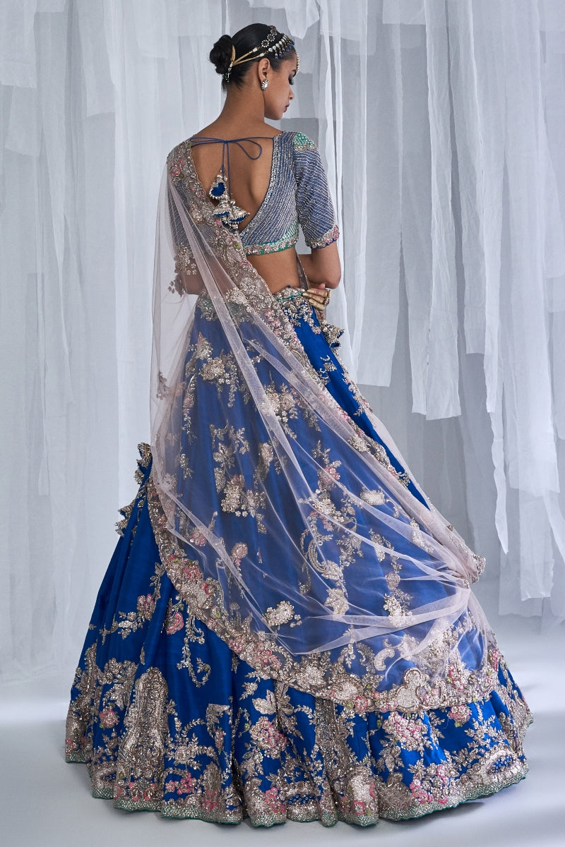 "Daffodil" Blue Raw Silk Bridal Lehenga Set