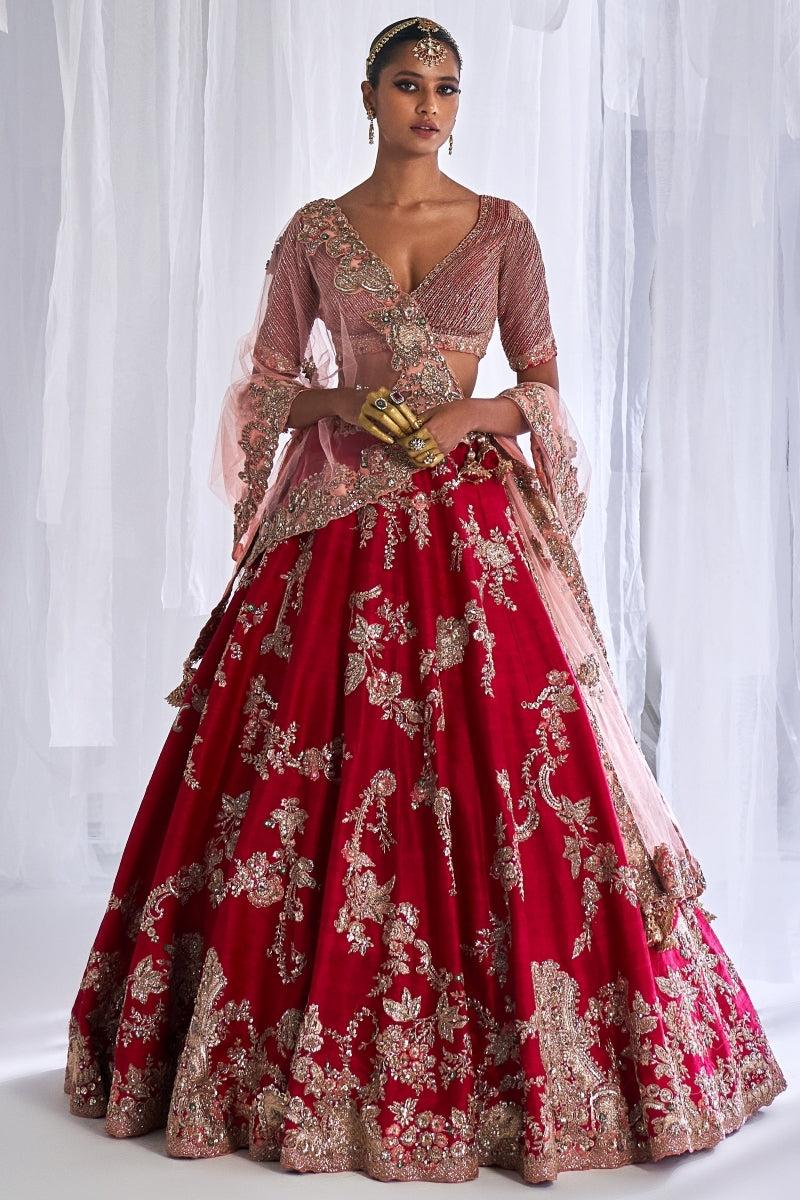 "Daisy" Maroon Raw Silk Bridal Lehenga Set