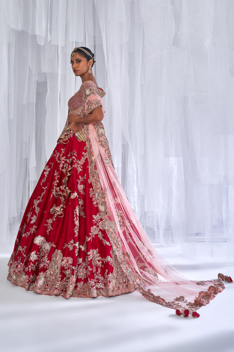 "Daisy" Maroon Raw Silk Bridal Lehenga Set