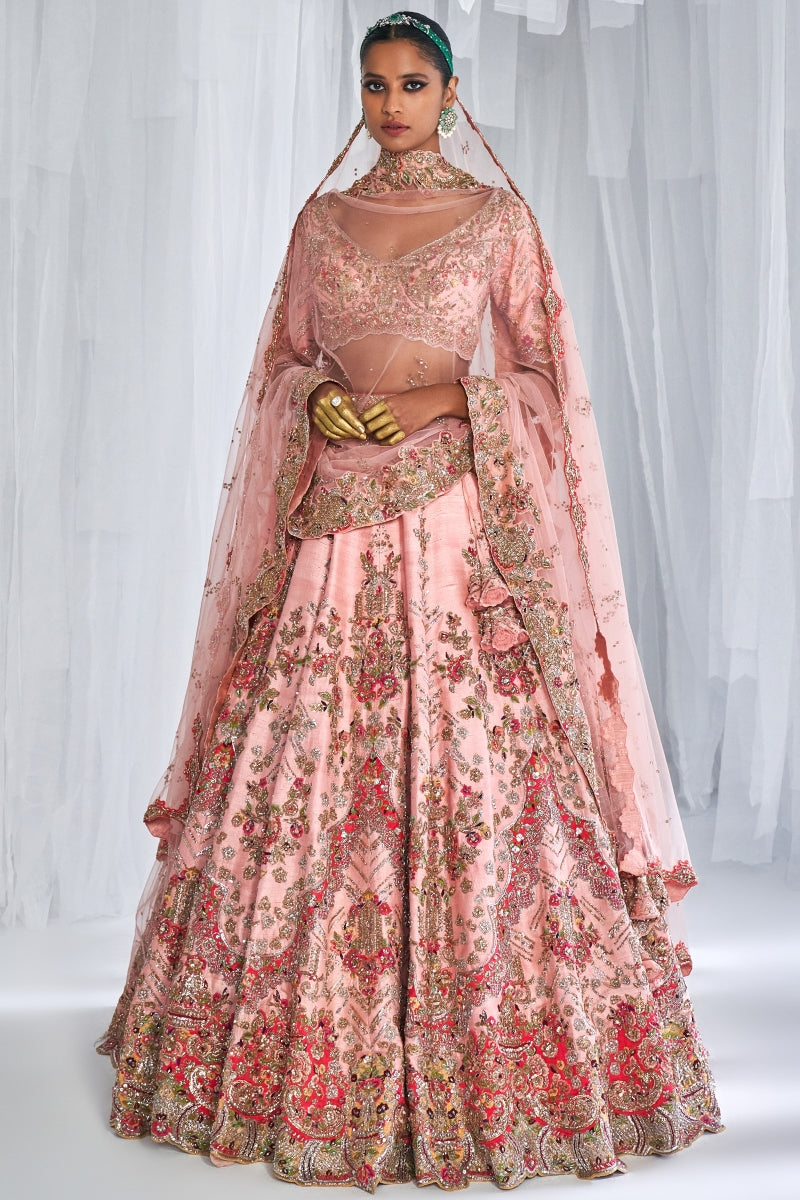 "Hazel" Peachy Pink Raw Silk Bridal Lehenga Set