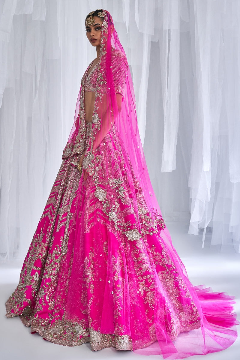 "Cynthia" Fuschia Raw Silk Bridal Lehenga Set