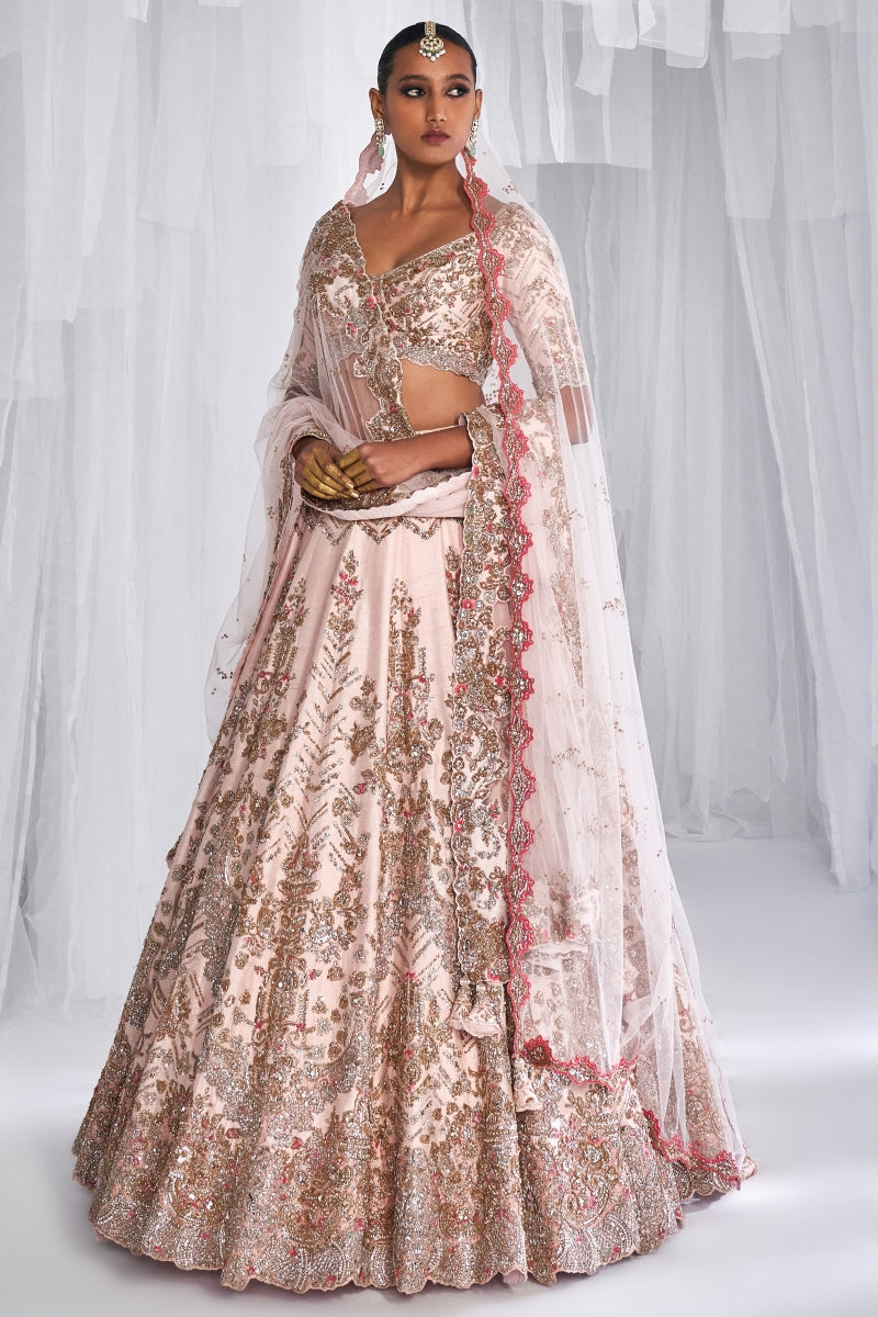 "Raisa" Pale Pink Raw Silk Bridal Lehenga Set